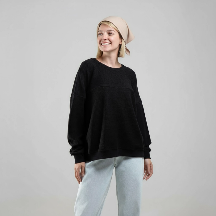 دورس یقه گرد زنانه بهبود از جنس ژاکارد پنبه با بافت طرح‌دار روی تن مدل