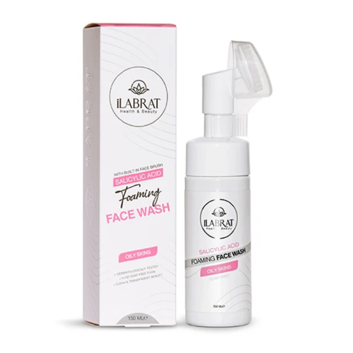 فوم شستشوی صورت آنتی‌آکنه ایلابرت (ilabrat) با سری براش‌دار سیلیکونی، مناسب پوست چرب و مستعد جوش.