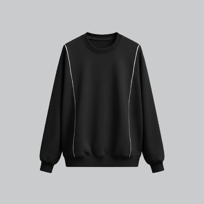 دورس یقه گرد مردانه مشکی رنگ با دو خط باریک سفید از سرشانه تا پایین، جنس دورس پاییزه.